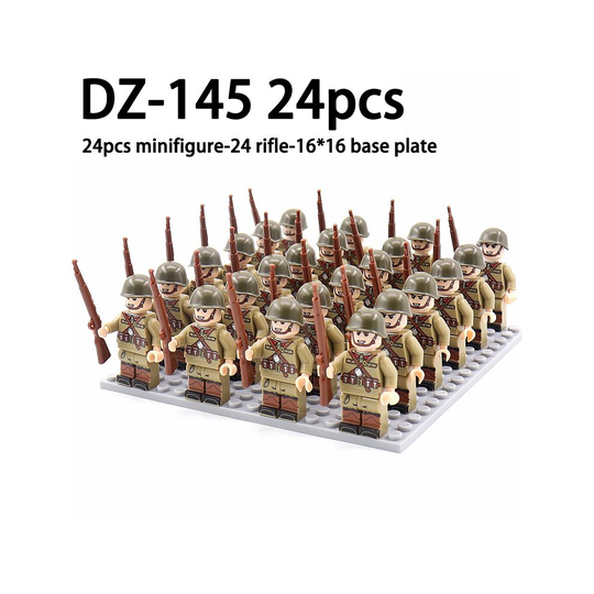 (DZ-145 24pcs) 24pcs Minifigures Military Building Blocks WW2 Rifle Models Assembling Military Games Suits Sand Tables 16*16 Base Plate