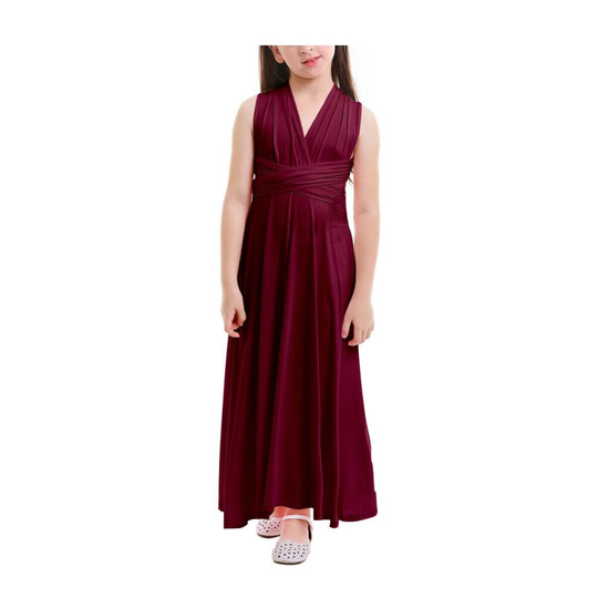 (Burgundy, S / Age 5-6 Years) Flower Girl Multiway Wrap Dress Convertible Kids Bridesmaid Wedding Long Gown