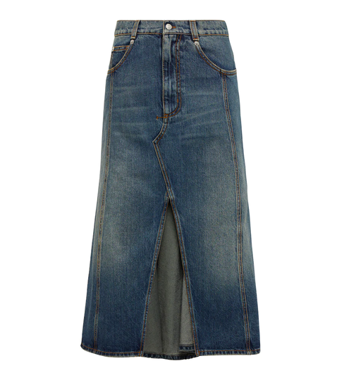 High-rise denim midi skirt