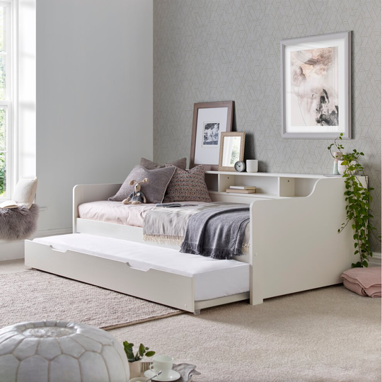 (With Trundle, 2 Memory Foam Mattresses) Tokyo White Guest Bed Day Bed With Bookshelves Mattresses