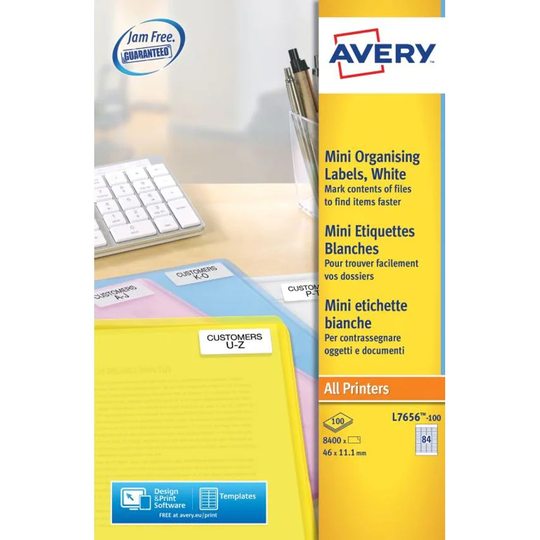 Avery Laser Mini Label 46x11mm 84 Per A4 Sheet White (Pack 8400 Labels) L7656-10
