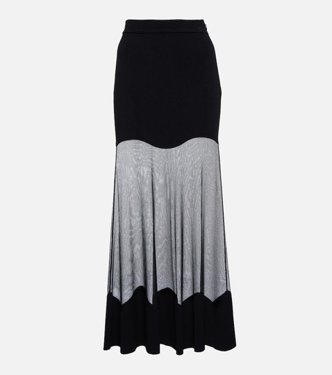 Mesh-paneled ribbed-knit midi skirt