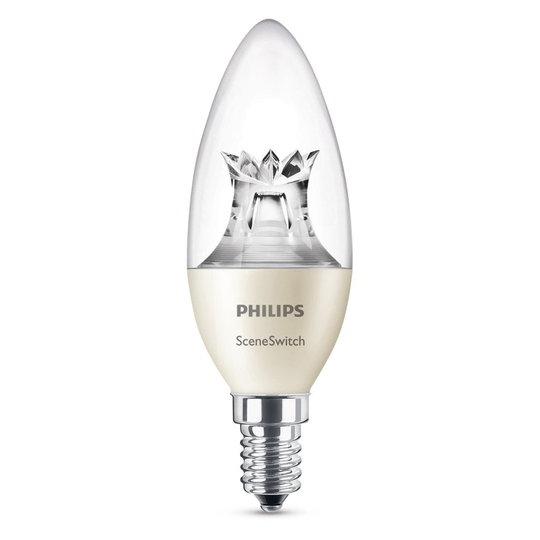 Philips Scene Switch LED E14 Small Edison Screw Candle Light Bulb, 3 Step Dimming, Natural Light, Cosy Light, 5.5 W (40 W) - Warm White