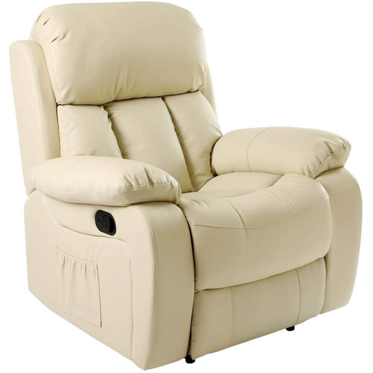 (Cream) CHESTER HEATED MASSAGE RECLINER BONDED LEATHER CHAIR SOFA LOUNGE GAMING HOME ARMCHAIR