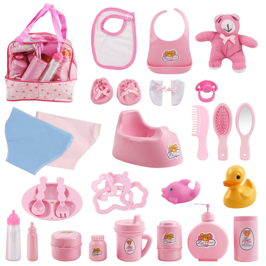 deAO 28 Piece Baby Doll Accessories Bag with Baby Feeding Accessories Clothes Doll Bear Bath Toys, Soother Dummy- Great Nurturing Pretend Toy for Kids