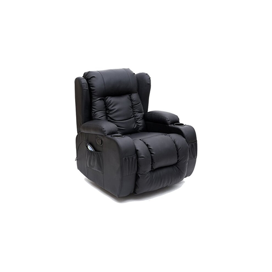 (Black) CAESAR WINGED LEATHER RECLINER CHAIR ROCKING MASSAGE SWIVEL HEATED GAMING