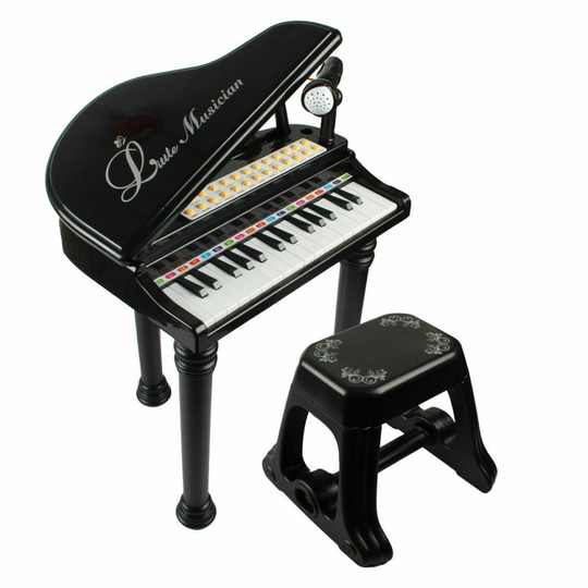 (Black) The Magic Toy Shop Childs Electronic Keyboard Grand Piano Musical Instrument Toy Microphone & Stool