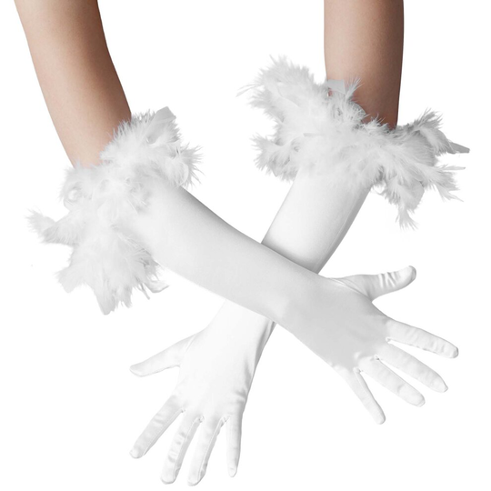 tectake Long Satin Gloves with Feathers - white