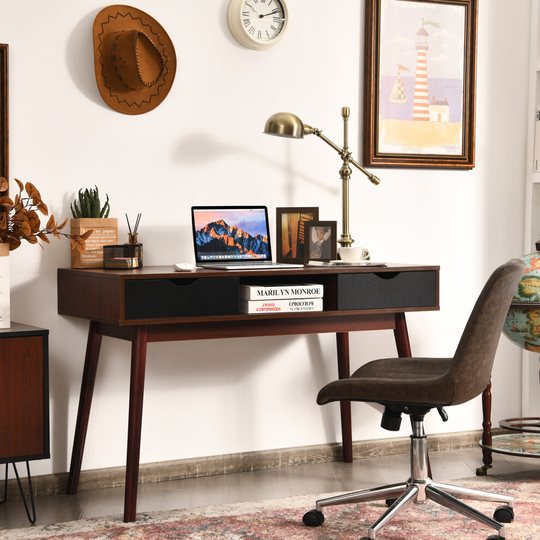 Solid Wood Computer Desk 120cm Home Office Laptop Desk w/ 2 Drawers