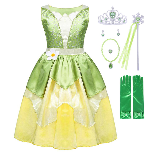 (9-10 Years, crown+jewelry+scepter+gloves) AmzBarley The Princess and the Frog Princess Tianan Costume Outfits Christmas Party Fancy Dress Up Girls Sl