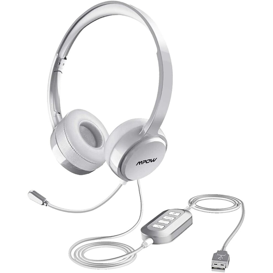 (Silver) USB Wired Headset Noise Reduction Headphone for Computer PS4 Laptop Tablet
