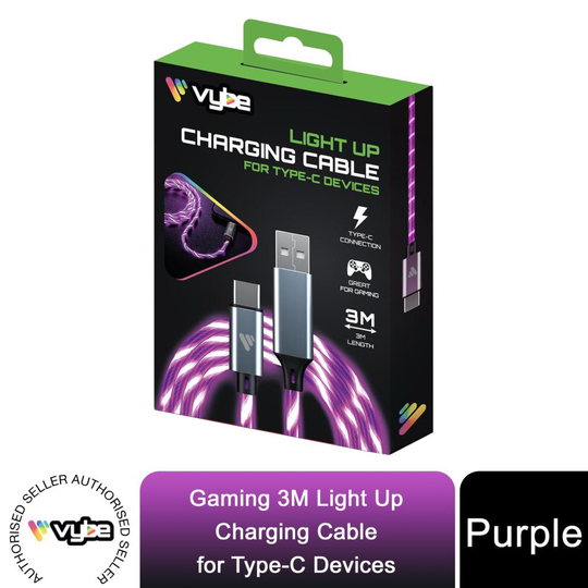 (Purple) Vybe Gaming 3M Light-Up Cable for Type-C Devices