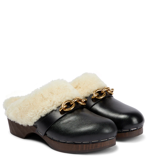 Le Maillon leather and shearling clogs