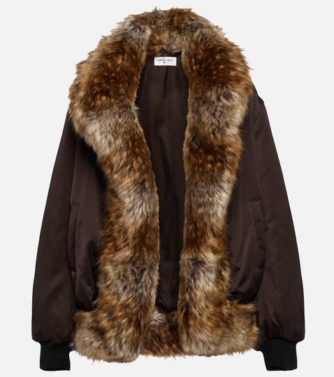 Faux fur-trimmed satin bomber jacket