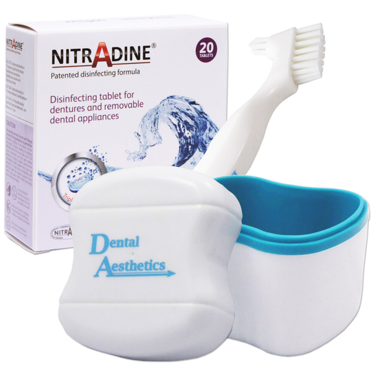 (Blue Bath) Nitradine, Bath & Denture Brush ~ 20 Cleaning Tablets Dental Appliance Storage