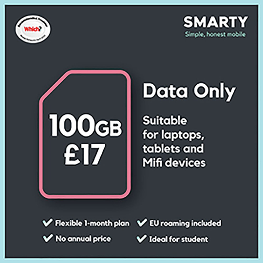 SMARTY 100GB 30 Day Pay As You Go Data Only SIM Card