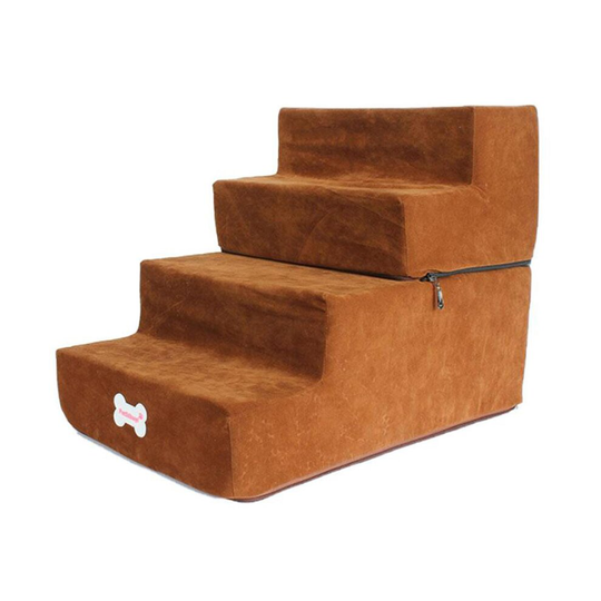 (Brown) 4 Steps Soft Stairs Small Medium Doggy Pet Dog Ladder Puppy Cover Ramp Removable Top & Adjustable Height Breathable Anti Slip Lightweight