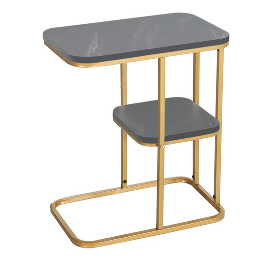 Living and Home C-shaped 2 Tier Coffee End Table Surface Marbling Effect, Black+