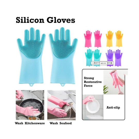 (Blue) Magic Silicone Rubber Dish Washing Gloves Kitchen Pet Bath Cleaning Scrubber