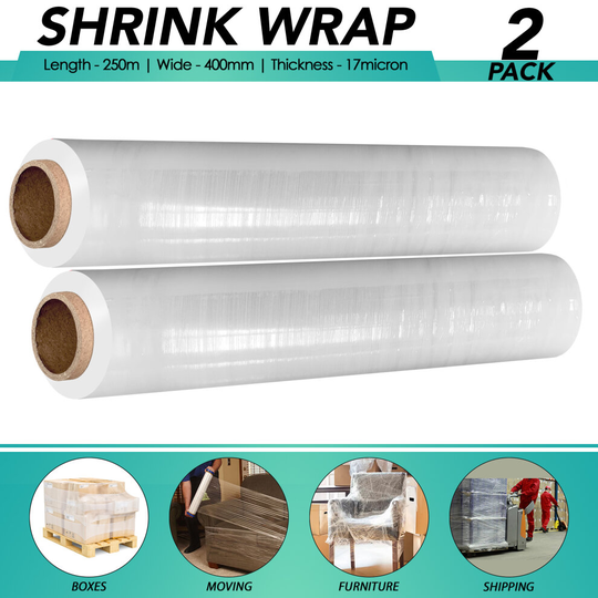 2x Pack Heavy Duty Strong Pallet/Stretch/Shrink Wrap Packaging Cling Film 17mu - 400mm x 250m