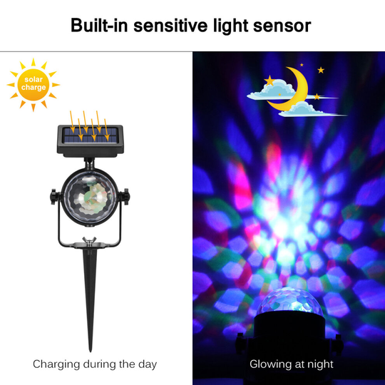 Solar LED Moving Colour Changing Rotating RGB Spotlight Garden Party Stage Light