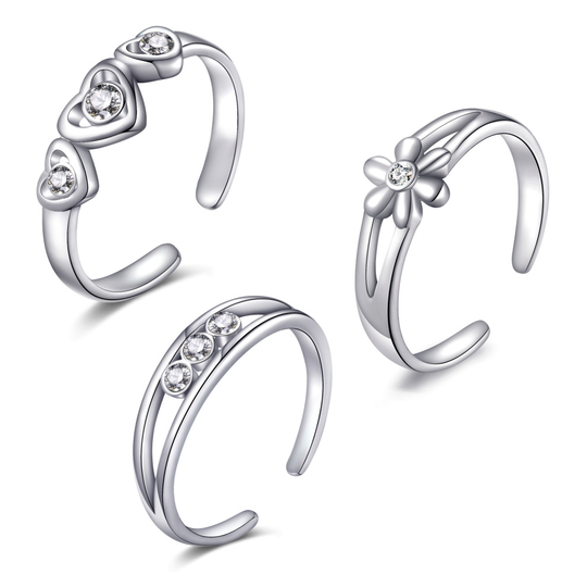Set of Three Silver Plated Toe Rings Created with Swarovski Crystals