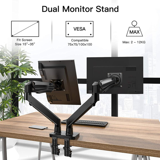 HUANUO Dual Monitor Stand for 15-35 inch Ultrawide Screens, Gas Spring Monitor Arm with USB Cable, Full Motion Monitor Mount Weight up to 12