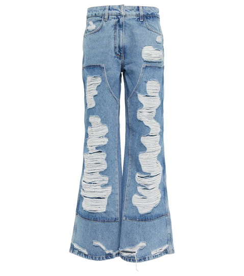 Distressed mid-rise wide-leg jeans