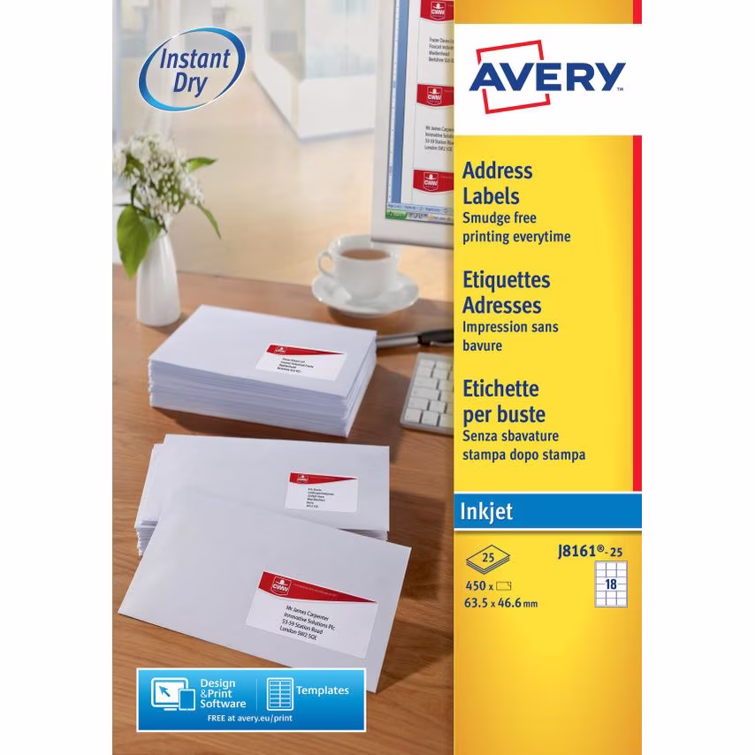 Avery Avery Inkjet Address Label 63.5x46.6mm 18 Per A4 Sheet White (Pack 450 Lab