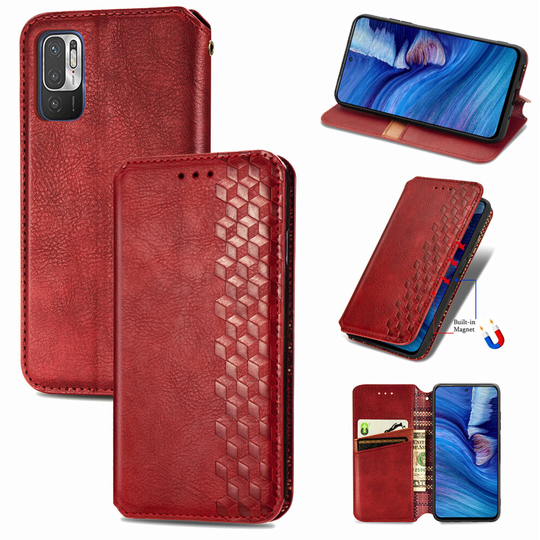 Xiaomi Redmi Note 10 5G Case Premium PU Leather Folio Cover Magnetic Red