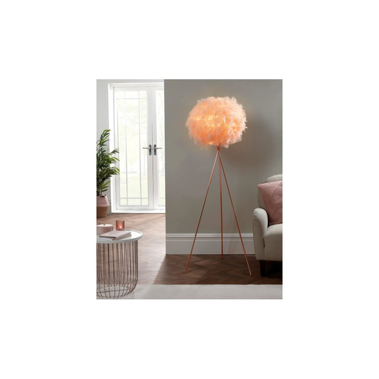 Naomi Floor Lamp with tripod design rosegold legs & faux feather shade
