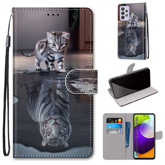 Samsung Galaxy A52 5G Case Pattern Cover Folio with kickstand cat&tiger
