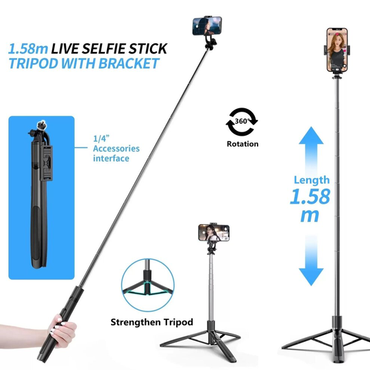 Wireless Selfie Stick Tripod Foldable Monopod With Fill light 1580mm
