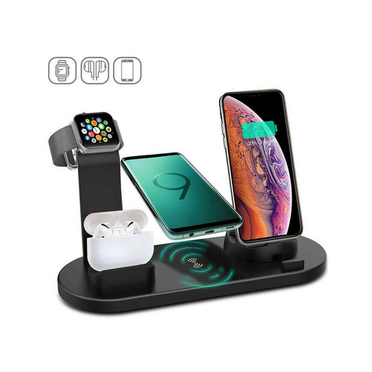 (Black) Qi Wireless Charger 4 in1 Charging Dock Station for AirPods Apple iWatch iPhone