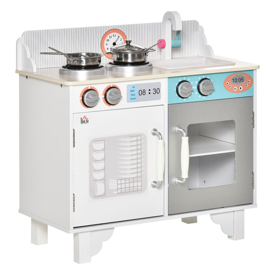 HOMCOM Kids Wooden Toy Kitchen Pretend Playset with Sink Faucet Pot