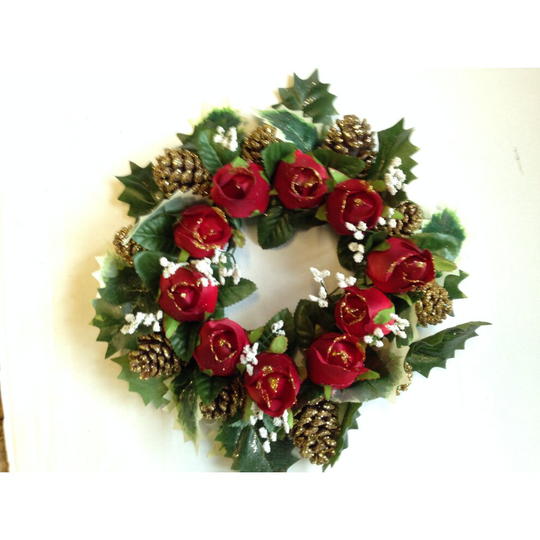 Red Roses Gold Cones Memorial Wreath
