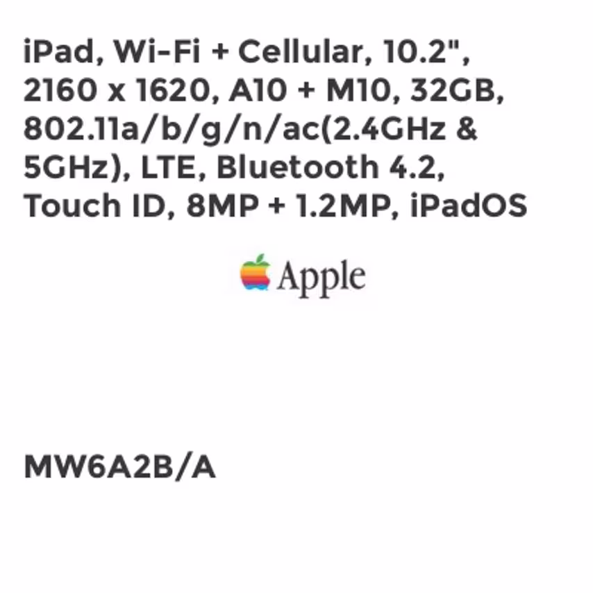 Apple iPad, Wi-Fi + Cellular, 10.2", 2160 x 1620, A10 + M10, 32GB, 802.11a/b/g/n