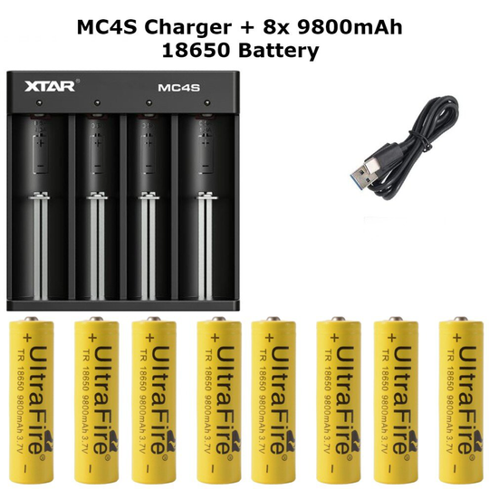 (MC4S Charger + 8x 9800mAh ) XTAR MC4S Portable 4 slot 18650 battery Charger with Type C Charging port for 3.7V with Batteries