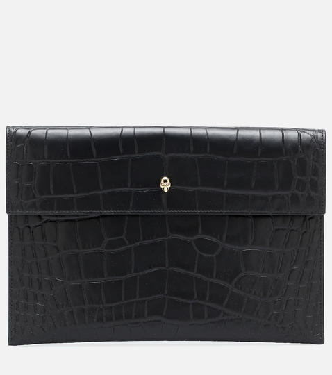 Skull croc-effect leather clutch