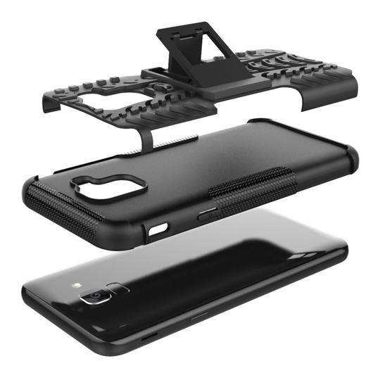 (Black) Slim Armour Shockproof Case Cover Stand + LCD Guard for Samsung Galaxy J6 (J600)