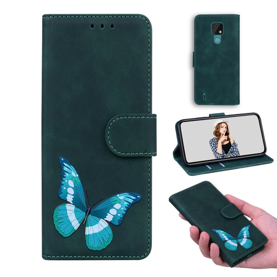 Case for Motorola Moto E7 Butterfly Cover Premium Leather Magnetic- Green