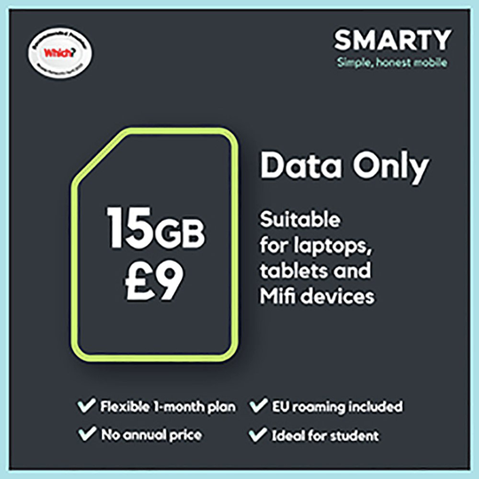 SMARTY 15GB 30 Day Pay As You Go Data Only SIM Card