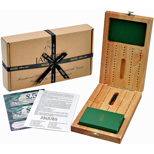 Hardwood Folding Cribbage Board with Deluxe Playing Cards - Complete with Pegs - Jaques of London