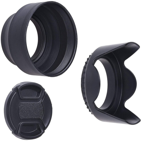 49mm Set of 2 Camera Lens Hoods and 1 Lens Cap - Rubber (Collapsible) + Tulip Flower - Sun Shade/Shield - Reduces Lens Flare and Glare - Blocks Excess