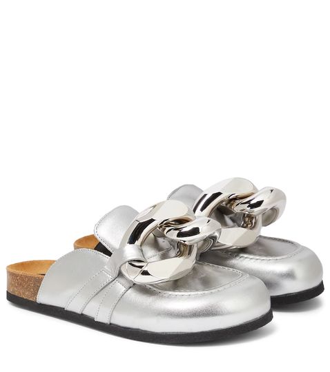 Embellished metallic leather slippers