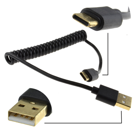 kenable Coiled Shielded USB 3.1 Type C Data 22 AWG Cable BLACK 1m GOLD