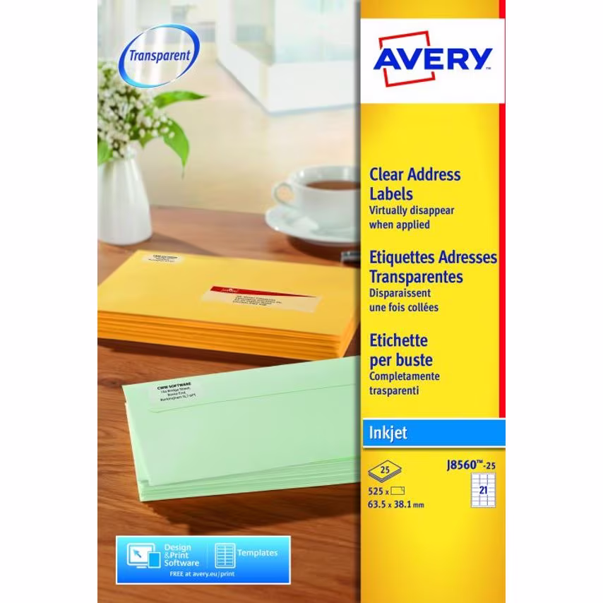 Avery Inkjet Address Label 63.5x38.1mm 16 Per A4 Sheet Clear (Pack 525 Labels) J