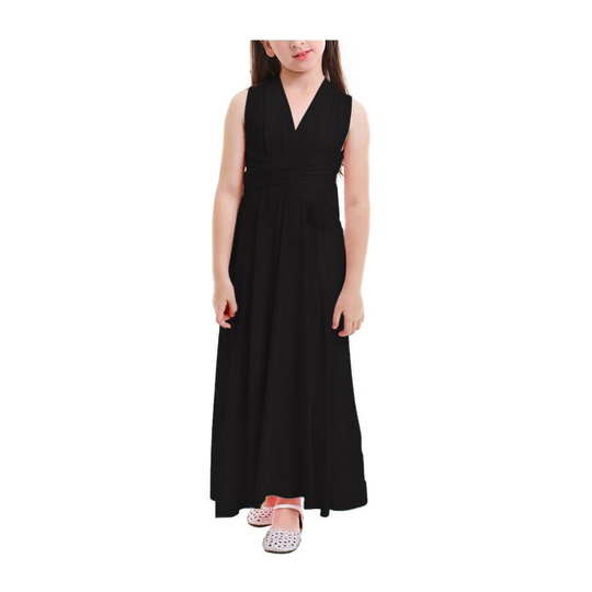 (Black, L / Age 10-12 Years) Flower Girl Multiway Wrap Dress Convertible Kids Bridesmaid Wedding Long Gown
