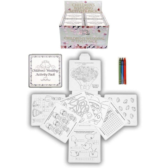 Wedding activity pack for children, crayons, drawing and colouring book, travel games, pack of 4