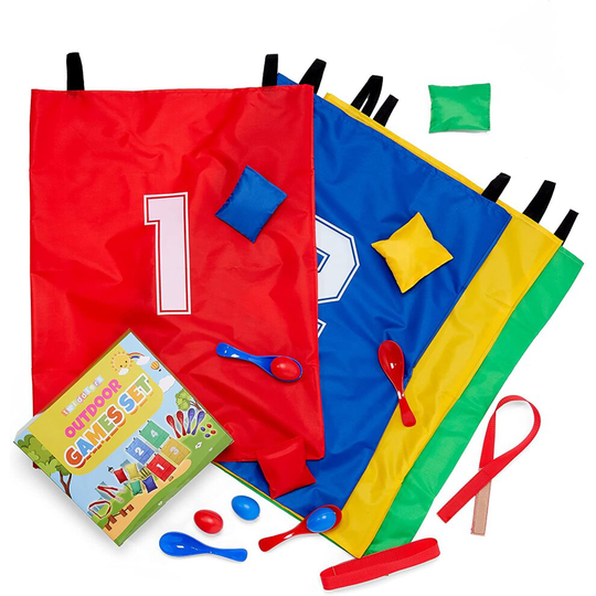 4 in 1 Outdoor Games: Bean Bag Toss, 3-Legged, Sack & Spoon Race